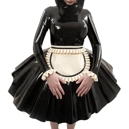 SUPERCH Sexy französisches Maid-Latexkleid mit Rüschen, Bündchen an der Schürze, Reißverschluss hinten, Gummiuniform, Figurbetonter Playsuit -M von SUPERCH