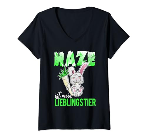 Damen Haze Lieblingstier Kiffer Hase Gras Marihuana Cannabis THC T-Shirt mit V-Ausschnitt von SUPERDICHT Coole Kiffer Geschenke