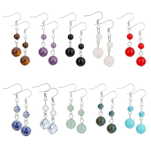 SUPERFINDINGS 10Farben Ohrringe mit Steinbesatz Bunte Naturstein Perlen Ohrringes Chakra Kristall Runder Edelstein Baumelnde Ohrringe Leichte Reiki Baumelnde Ohrringes für Frau Mutter Tochter Freundin von SUPERFINDINGS