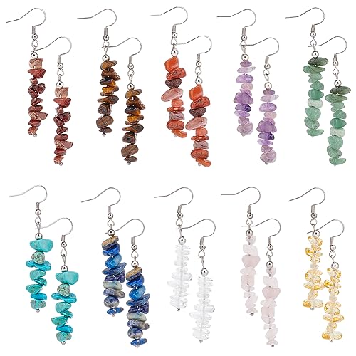 SUPERFINDINGS 10 Paar Handgefertigte Trommelstein Ohrringe Chips Stein Ohrringe Natursteine Kristall Baumeln Ohrringe für Damen Bunte Chakra Ohrringe Hochzeit Schmuck von SUPERFINDINGS