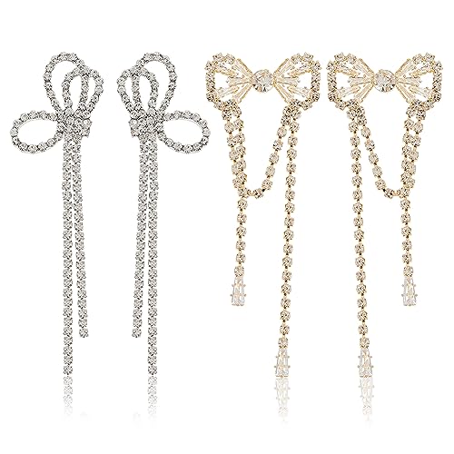 SUPERFINDINGS 2 Paar Kristall Schleifen Ohrringe Silberne Strass Quasten Statement Ohrringe Lange Kette Baumelnde Ohrringe Leichte Glänzende Stab Ohrringe Set Schmuck Für Frauen Und Mädchen von SUPERFINDINGS