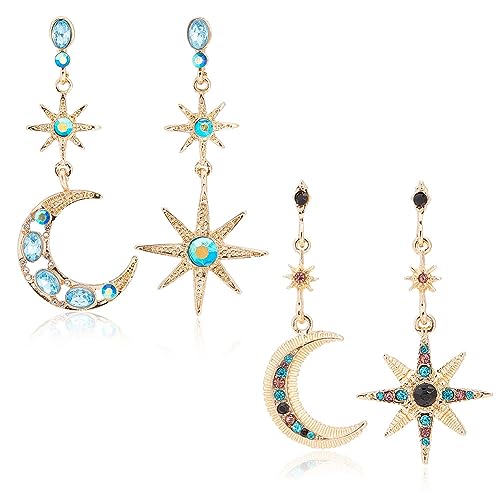 SUPERFINDINGS 2 Setzt Mond Und Stern Drop Ohrringe Moissanite Mond Stern Tropfen Ohrringe Himmels Und Halbmond Ohrringe Bunte Strass Dangling Ohrringe Schmuck Geschenk Für Frauen Mädchen von SUPERFINDINGS