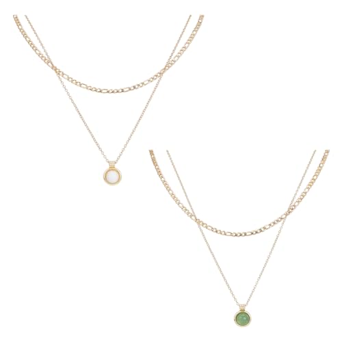 SUPERFINDINGS 2 Stile Mehrschichtige Halsketten Mit Grünem Anhänger 2 Stück Goldene Doppelschicht Halskette Edelstein Anhänger Halskette Retro Choker Kettenglieder Halskette 14K Vergoldete Halsketten von SUPERFINDINGS