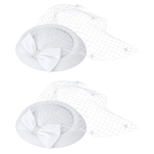 SUPERFINDINGS 2 Stück Weiße Schleife Fascinator Hüte Wollfilzhut Pillendose Mit Schleier Kopfbedeckung Hut Cocktail Mit Haarspange Tea Party Damen Fascinator 13.5~14 cm von SUPERFINDINGS