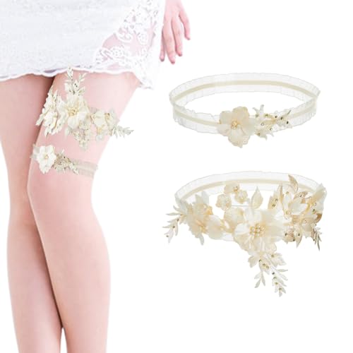 SUPERFINDINGS 2 Styles Spitzen Hochzeits Strumpfband Set Dehnbares Blumen Strumpfband Mit Imitationsperle Hellgoldenes Gelbes Blumen Strumpfband Weiches Polyester Spitzenband Strumpfband von SUPERFINDINGS