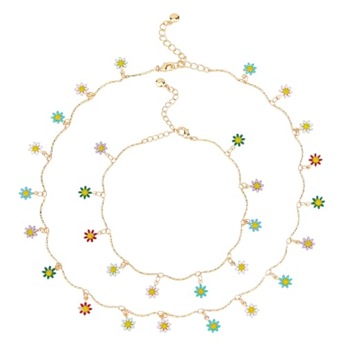 SUPERFINDINGS 2 Teiliges Gänseblümchen Schmuckset Zarte Boho Halskette Niedliche Blumen Halskette Fußkettchen Messing Material Lätzchen Halskette Geburtstagsparty Geschenke Für Frauen Mädchen Töchter von SUPERFINDINGS