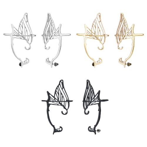 SUPERFINDINGS 3 Farben Flügel Ohrmanschetten Ohrringe 3 Paar Vintage Elfen Ohrmanschetten Elfen Knorpel Ohrringe Hohle Wickel Ohrstecker Metall Retro Einfache Durchbohrte Ohr Cosplay Ohrwickel von SUPERFINDINGS