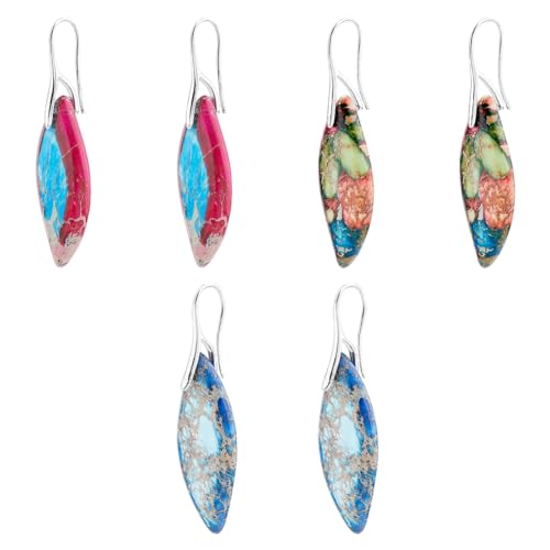 SUPERFINDINGS 3 Paar Kaiserliche Jaspis Stein Tropfenohrringe Natürliche Blattstein Ohrhänger Bunte Steinohrringe Silberne Fischhaken Ohrhänger Schmuck Für Frauen von SUPERFINDINGS
