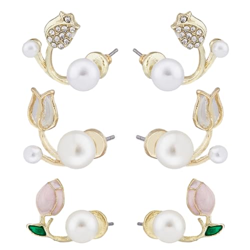 SUPERFINDINGS 3 Stil Tulpen Ohrstecker Perlen Blumen Ohrringe Vorne Und Hinten Rosa Blütenblatt Ohrstecker Florale Knorpel Ohrringe Schmuck Für Frauen Und Mädchen von SUPERFINDINGS