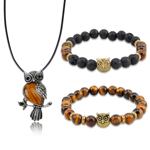 SUPERFINDINGS 3 Teiliges Eulen Schmuckset Reiki Spirituelle Obsidian Kristall Halskette Elastische Yoga Stretch Armbänder Heilende Energie Runde Perlenstein Armbänder Freundschaftsarmbänder Für Frauen von SUPERFINDINGS