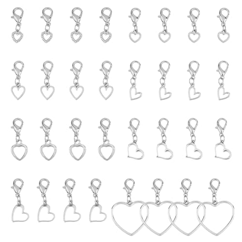 SUPERFINDINGS 32 Stück 8 Stile Herz Clip On Charm Legierungs Liebesanhänger Mit Karabinerverschlüssen Für Die Herstellung von Schmuck Schlüsselanhängern Silberner Reißverschluss Ersatz Für Geldbörse von SUPERFINDINGS
