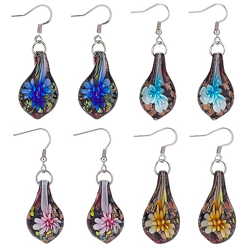 SUPERFINDINGS 4 Farben Hängeohrringe Blume in Tränenform Glas Teardrop Baumeln Ohrringe Regenbogen Blume Innere Tropfen Ohrringe Einzigartige Mundgeblasene Gehärtete Glas Ohrringe von SUPERFINDINGS