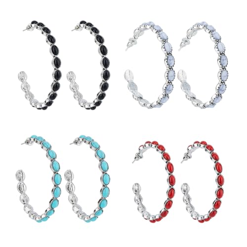 SUPERFINDINGS 4 Paar Böhmische Türkisfarbene Baumelnde Ohrringe Vintage Geometrische Creolen Türkisfarbene Kreisohrringe Große C Förmige Legierungsohrringe Schmuck Für Frauen von SUPERFINDINGS