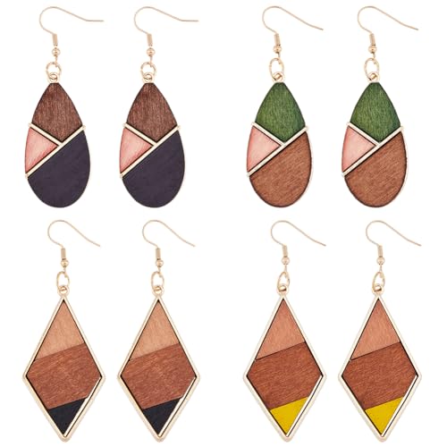 SUPERFINDINGS 4 Paar Holz Ohrringe Bunte Tropfen Ohrringe Geometrische Böhmen Holz Ohrringe Rhombus Holz Ohrringe Afrikanischer Ethnischer Schmuck Für Frauen Und Mädchen von SUPERFINDINGS
