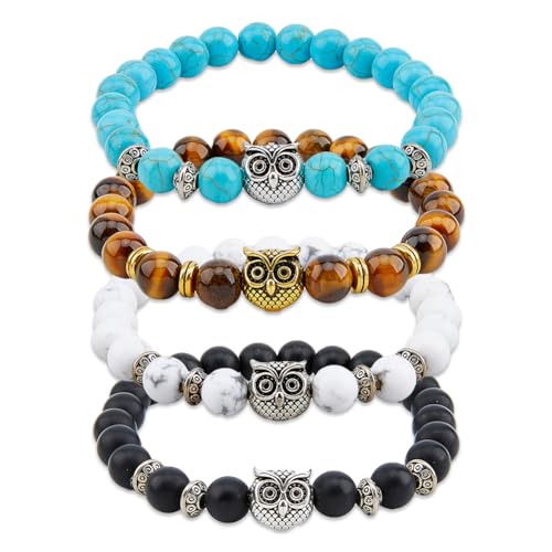 SUPERFINDINGS 4 Stile Eulen Perlen Armbänder Set Heilenergie Glücksstein Armbänder Eulen Charm Perlenarmbänder Stretch Angst Armband Set Paar Armbänder Geschenke Für Frauen Und Mädchen von SUPERFINDINGS