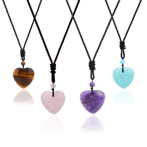 SUPERFINDINGS 4 Stile Herzstein Halskette 4 Stück Chakra Quarz Anhänger Mit Kordel Liebeskristall Charm Halskette Handgewebtes Seil Edelstein Halskette Schmuck Natürlicher Amethyst von SUPERFINDINGS