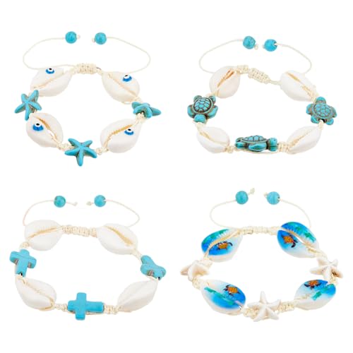 SUPERFINDINGS 4 Stile Natürliche Muschel Armbänder 4 Stück Strand Muschel Armband Handgewebt Verstellbar Meeresschildkröte Seestern Armbänder Böser Blick Knöchel Armbänder Sommer von SUPERFINDINGS
