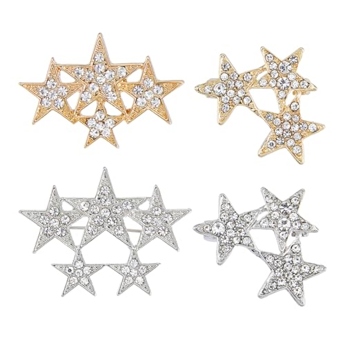 SUPERFINDINGS 4 Stück 4 Stile Kristallstern Anstecknadel Legierungsstern Reversnadel Platin Revers Brosche Pentagramm Stern Abzeichen Roségold Strass Brosche Metall Brosche Pins Für Frauen Hochzeit von SUPERFINDINGS