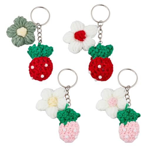 SUPERFINDINGS 4 Stück Gehäkelte Erdbeer Schlüsselanhänger Handgefertigt Gewebte Erdbeerblumen Schlüsselanhänger Gehäkelter Plüsch Schlüsselanhänger Mit Eisenringen Niedlicher Anhänger Für Geldbörse von SUPERFINDINGS