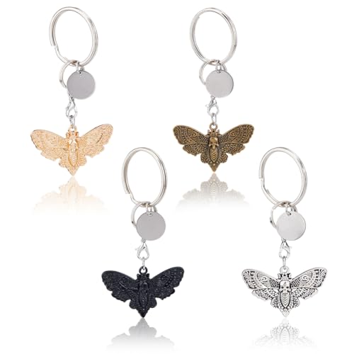 SUPERFINDINGS 4 Stück Gothic Totenkopf Motte Schlüsselanhänger Vintage Totenkopf Motte Schlüsselring Legierung Cooler Schlüsselanhänger Skelett Schlüsselanhänger Tier Schlüsselanhänger Für Tasche von SUPERFINDINGS