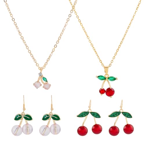 SUPERFINDINGS 4 Stück Rote Kirsch Ohrringe Anhänger Halsketten Grüne Blatt Ohrringe Und Halsketten Vergoldeter Süßkirschen Schmuck Mit Goldkette Für Frauen Und Mädchen Weihnachten von SUPERFINDINGS