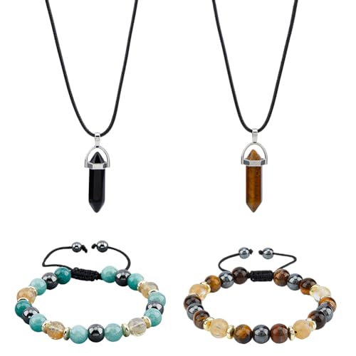 SUPERFINDINGS 4 Teiliges Amethsyt Hämatit Schmuckset Schwarze Perlen Therapie Armbänder Gemischte Edelstein Anhänger Halsketten Stressabbauendes Dreifaches Schutz Armband Zur Angstlinderung von SUPERFINDINGS