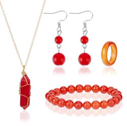 SUPERFINDINGS 4 Teiliges Schmuckset Aus Natürlichem Achat Rote Kugel Anhänger Halskette Runde Perlen Baumelnde Ohrringe Modisches Karneol Stretch Armband Energie Schmuckset Für Frauen Mädchen Töchter von SUPERFINDINGS