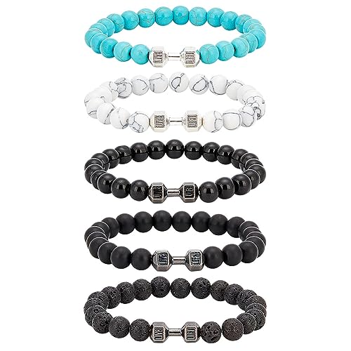 SUPERFINDINGS 5 Stil Hantel Armbänder Set Schwarz Gewichtheben Armbänder Natürliche Vulkanische Lava Stein Armbänders Angst Perlen Armbänders Fitness Schmuck Geschenke Für Männer Frauen von SUPERFINDINGS