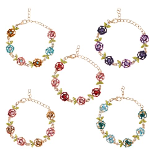 SUPERFINDINGS 5 Stück Rosen Blumen Armband Vintage Rosen Temperament Armband Strass Vergoldetes Rosen Gliederketten Armband Mit Strass Eleganter Valentinstag Schmuck Geschenke Für Frauen Und Mädchen von SUPERFINDINGS