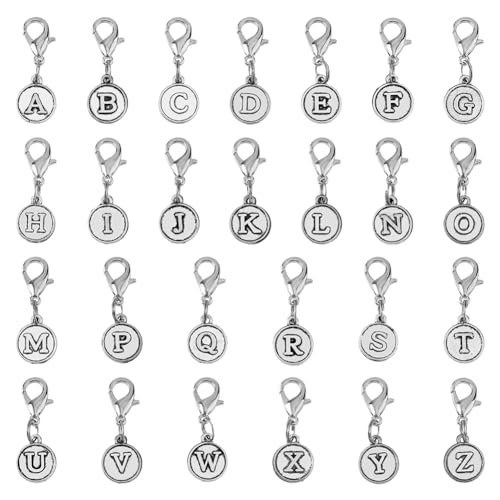 SUPERFINDINGS 52 Stück 26 Stil Letter Clip auf Charms Alloy A bis Z Alphabet Charm mit Lobster Clasp Letter Zipper Pulls Antik Silber Dekorationen für Keychain Geldbörse Rucksack Ornament von SUPERFINDINGS