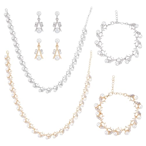 SUPERFINDINGS 6 Stück 2 Sets Perlen Braut Hochzeits Schmuckset 40.5 cm Kristall Halsband Halskette Kunststoff Imitationsperlen Armband Zarte Abschlussball Ohrstecker Für Frauen Und Mädchen von SUPERFINDINGS