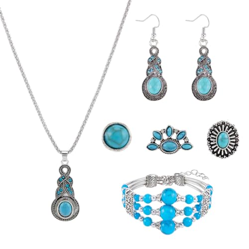 SUPERFINDINGS 6 Stück Synthetisches Türkis Schmuckset 72.5 cm Lange Anhänger Halskette Legierung Dreilagiges Mehrsträngiges Armband Tropfen Und Wolkenohrringe Schmuck Für Frauen Und Mädchen von SUPERFINDINGS