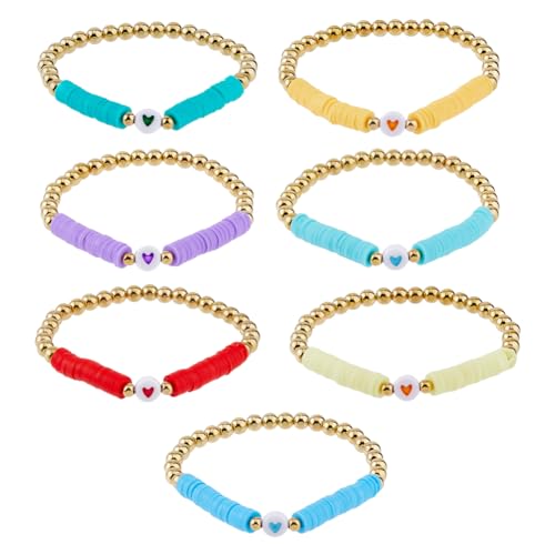 SUPERFINDINGS 7 Stück Goldenes Perlenarmband Buntes Polymer Ton Scheiben Perlenarmband Y2K Herz Liebesanhänger Armbänder Zierliche Freundschaftsarmbänder Geburtstagsgeschenke von SUPERFINDINGS