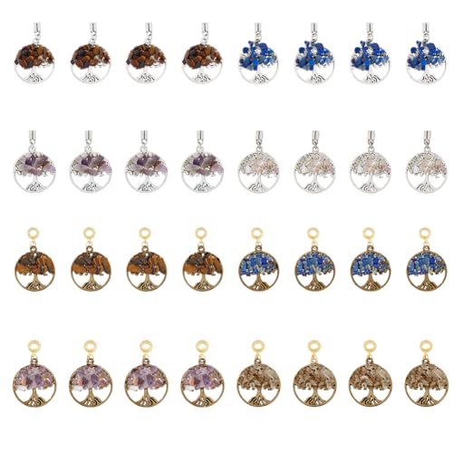 SUPERFINDINGS 8 Stil 32 Stück Lebensbaum Anhänger Mit Edelsteinen Flacher Runder Anhänger Natürlicher Chakra Halsketten Charm Glückssteine Ohrring Charm Für DIY Schmuck von SUPERFINDINGS