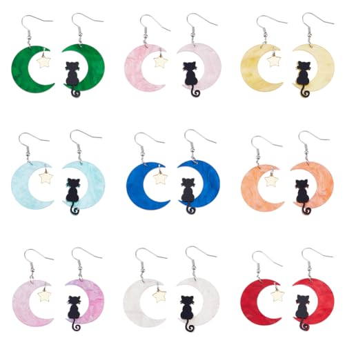 SUPERFINDINGS 9 Paar Acryl Tier Ohrringe Schwarze Katze Auf Dem Mond Baumelnde Ohrringe Schöne Mond Stern Katzen Ohrringe Lustige Asymmetrische Ohrringe Geburtstagsschmuck Geschenke von SUPERFINDINGS