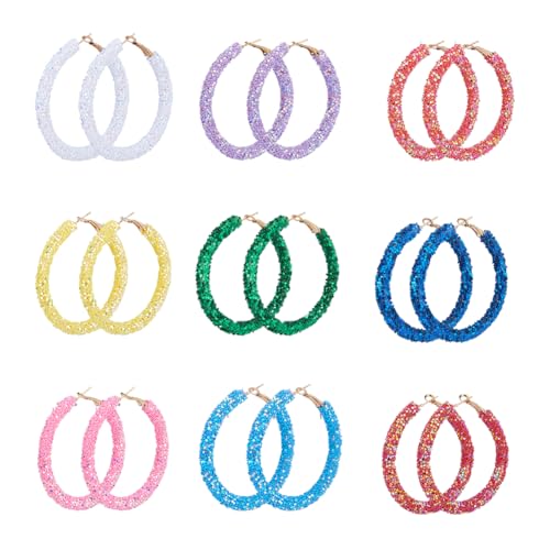SUPERFINDINGS 9 Paar Glitzer Creolen Bohemian Stil Glänzende Creolen Baumelnde Ohrringe Mit Pailletten Umwickelte Kreis Ohrringe Glitzernde Harz Runde Ohrringe Schmuck Für Frauen Teenager Mädchen von SUPERFINDINGS