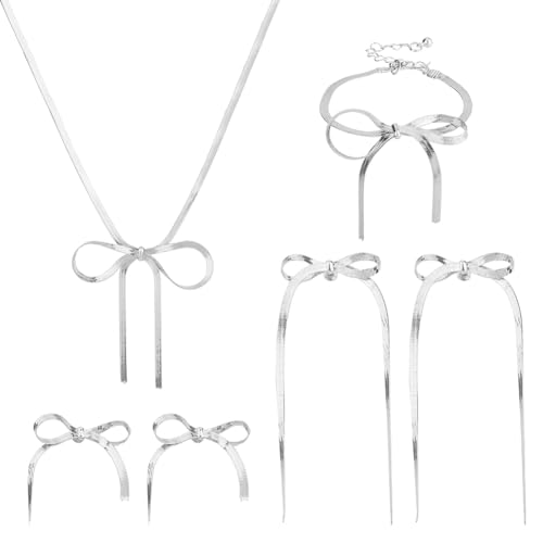 SUPERFINDINGS Platin Schmuckset Mit Schleife Inklusive Schleife Baumelnde Ohrringe Schleife Halsband Halskette Band Schleife Ohrstecker Für Die Braut von SUPERFINDINGS