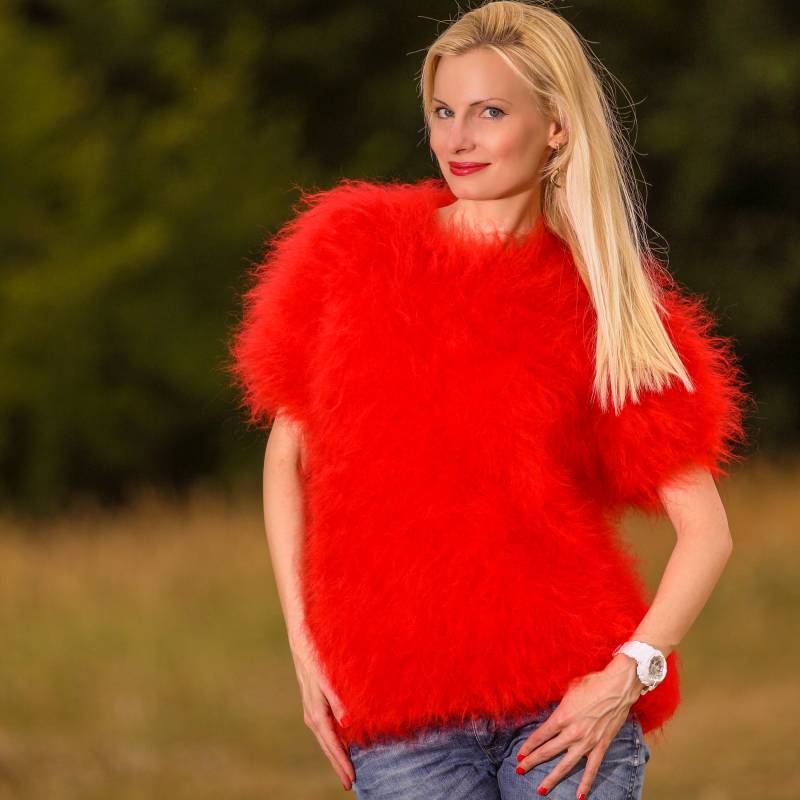 Leichter Mohairpullover Mit Kurzen Ärmeln, Handgestrickter Pullover Rundhalsausschnitt Von Supertanya von SUPERTANYA