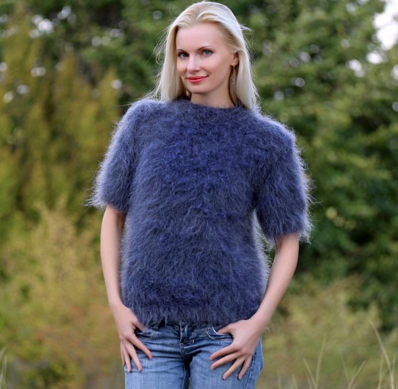 Leichter Mohairpullover Mit Kurzen Ärmeln, Handgestrickter Pullover Rundhalsausschnitt Von Supertanya von SUPERTANYA