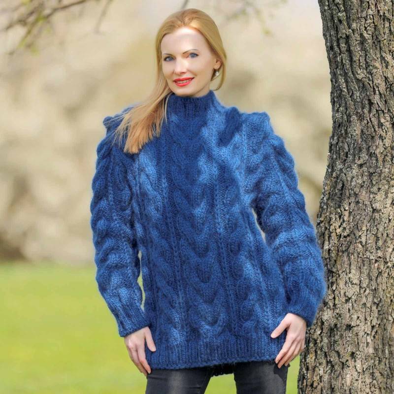 Supertanya Blauer Mohairpullover, Dicker Zopfpullover, Versandfertig - Größe L-xl von SUPERTANYA