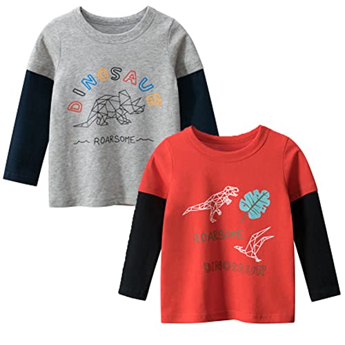 Jungen Langarm-T-Shirts für Kleinkinder, Dinosaurier, 100 % Baumwolle, Tops, Bagger-Shirts für 2 3 4 5 6 7 Jahre, Rot + Gelb, 4 Jahre von SUPFANS