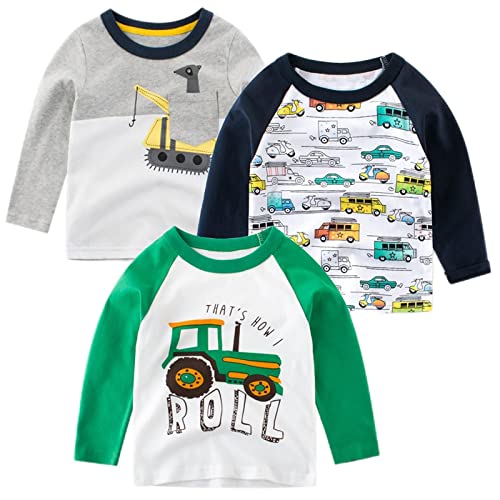 SUPFANS Kleinkind Jungen 3er Pack Langarm Bagger T-Shirt 100% Baumwolle Basic Tops Auto Shirt, Set-A, 4 Jahre von SUPFANS