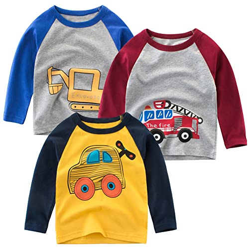 SUPFANS Kleinkind Jungen 3er-Pack Langarm Bagger T-Shirt 100% Baumwolle Basic Tops Auto Shirt, Set-e, 2 Jahre von SUPFANS