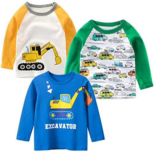 SUPFANS Kleinkind Jungen 3er-Pack Langarm Bagger T-Shirt 100% Baumwolle Basic Tops Auto Shirt, Set-f, 6 Jahre von SUPFANS