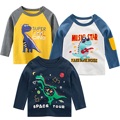 SUPFANS Kleinkind Jungen Langarm Shirts 100% Baumwolle T-Rex Dinosaurier T-Shirts Multipacks, A-3 Pack von SUPFANS