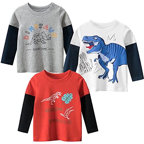 SUPFANS Kleinkind Jungen Langarm Shirts 100% Baumwolle T-Rex Dinosaurier T-Shirts Multipacks, C - 3 Pack von SUPFANS