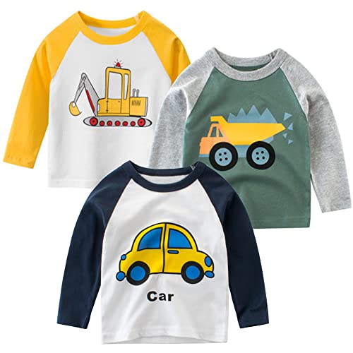 SUPFANS Langarmshirts für Kleinkinder, Jungen, 100 % Baumwolle, Dinosaurier, Bagger, Polizeiauto-T-Shirts, 3er-Pack, Set B, 3 Jahre von SUPFANS