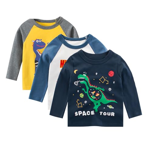 SUPFANS Langarmshirts für Kleinkinder, Jungen, 100 % Baumwolle, Dinosaurier, Bagger, Polizeiauto-T-Shirts, 3er-Pack, Set C, 110 von SUPFANS