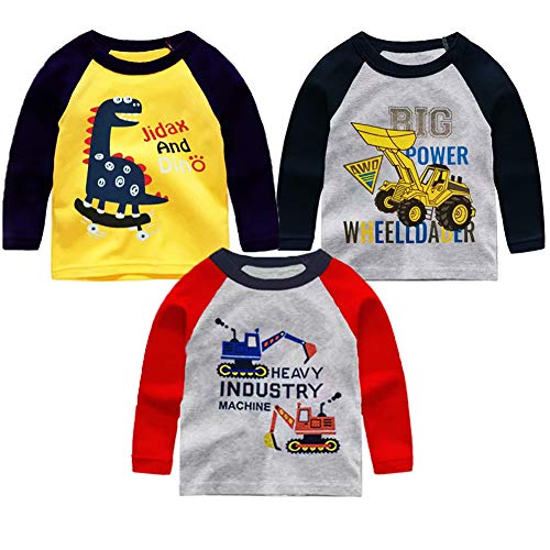 SUPFANS Langarmshirts für Kleinkinder, Jungen, 100 % Baumwolle, Dinosaurier, Bagger, Polizeiauto-T-Shirts, 3er-Pack, Set E, 3 Jahre von SUPFANS