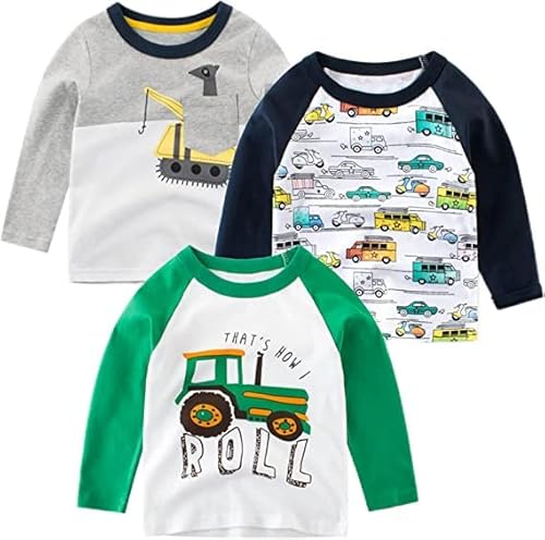 SUPFANS Langarmshirts für Kleinkinder, Jungen, 100 % Baumwolle, Dinosaurier, Bagger, Polizeiauto-T-Shirts, 3er-Pack, Setzen Sie einen, 3 Jahre von SUPFANS